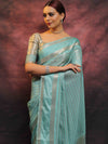 Banarasee Handwoven Semi Silk Saree With Stripes Design & Solid Border-Blue