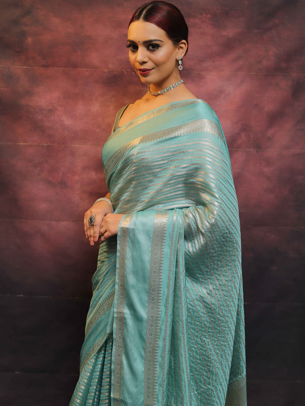 Banarasee Handwoven Semi Silk Saree With Stripes Design & Solid Border-Blue