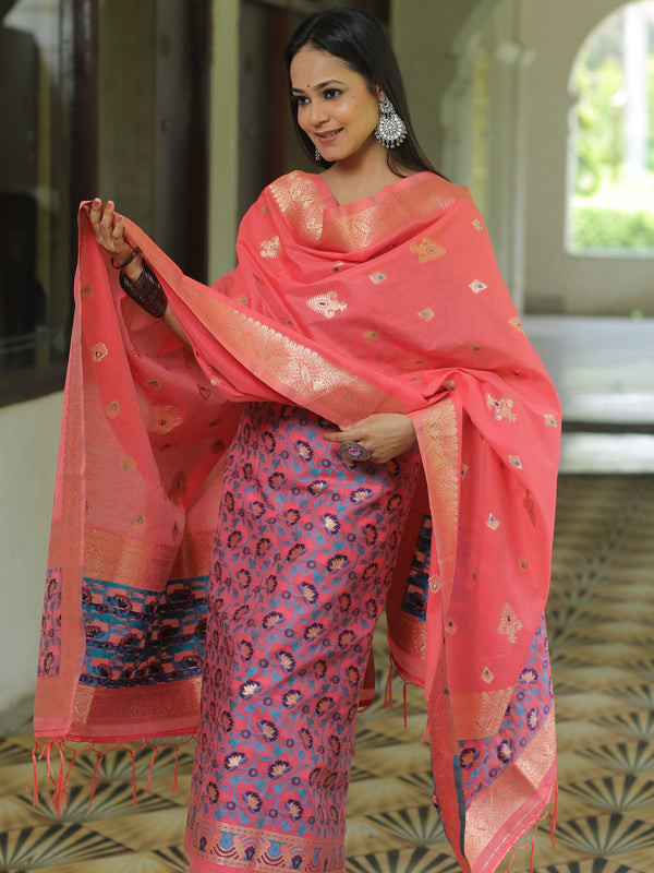 Banarasee Handloom Chanderi Salwar Kameez Fabric With Meena & Zari Design-Pink