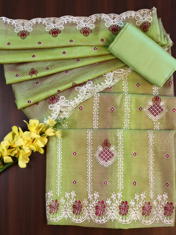 Banarasee Chanderi Cotton Embroidered Salwar Kameez With Dupatta Set-Green