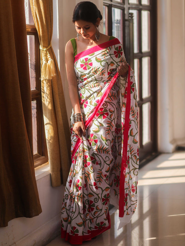 Handloom Mul Cotton Hand-Block Print Saree-White