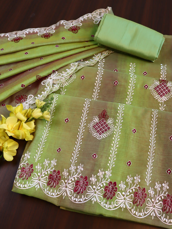 Banarasee Chanderi Cotton Embroidered Salwar Kameez With Dupatta Set-Green