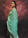 Banarasee Handloom Pure Chiffon Silk Kameez Fabric With Silver Zari Buta Dupatta-Sea Green