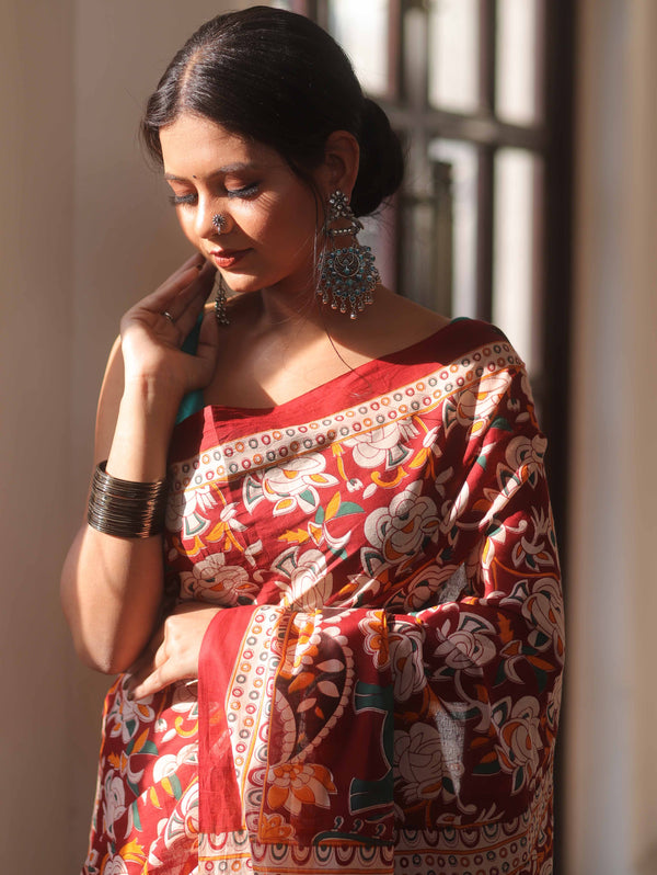 Handloom Mul Cotton Hand-Block Print Saree-Brown