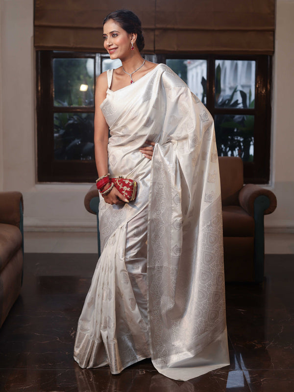 Banarasee Handwoven Semi Silk Saree With Silver Zari Buta Design-White