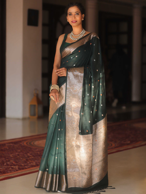 Banarasee Cotton Silk Plain Body Saree With Copper Zari Broad Border-Green
