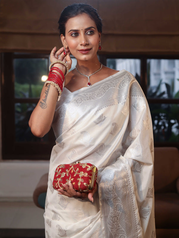 Banarasee Handwoven Semi Silk Saree With Silver Zari Buta Design-White