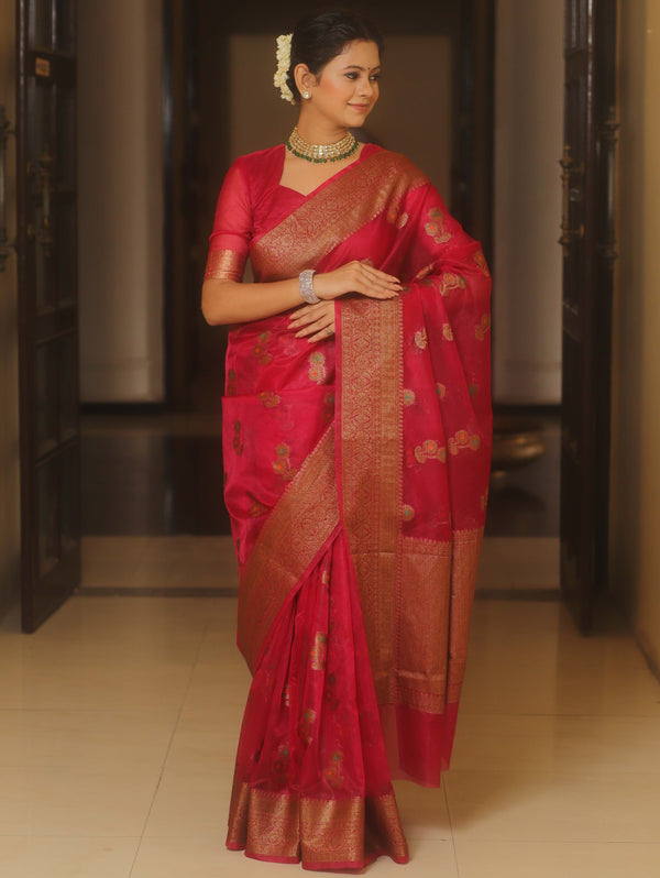 Banarasee Organza Saree With Antique Zari Buta Design-Pink