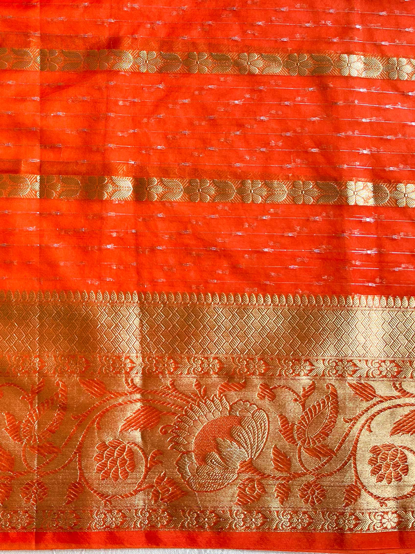 Banarasee Organza Mix Saree With Stripes Design & Broad Border-Orange