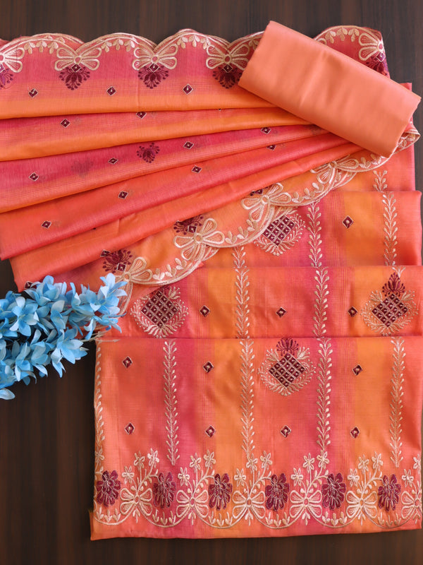 Banarasee Chanderi Cotton Embroidered Salwar Kameez With Dupatta Set-Peach