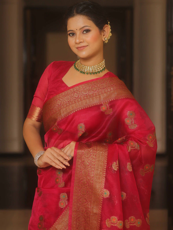 Banarasee Organza Saree With Antique Zari Buta Design-Pink