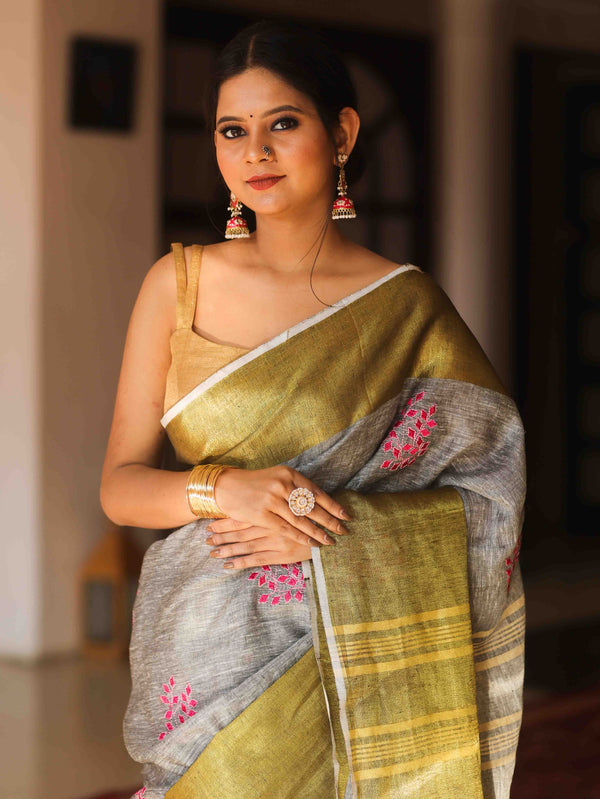 Bhagalpur Handloom Embroidered Buta Design Linen Saree With Contrast Border-Grey & Gold