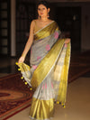 Bhagalpur Handloom Embroidered Buta Design Linen Saree With Contrast Border-Grey & Gold