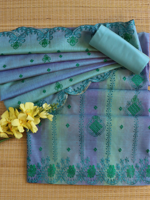 Banarasee Chanderi Cotton Embroidered Salwar Kameez With Dupatta Set-Blue