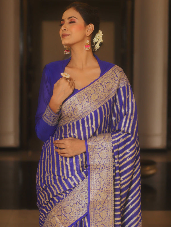 Banarasee Pure Chiffon Saree With Resham Zari Work-Royal Blue