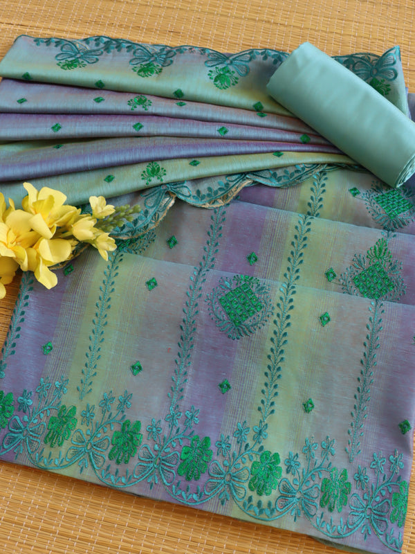 Banarasee Chanderi Cotton Embroidered Salwar Kameez With Dupatta Set-Blue