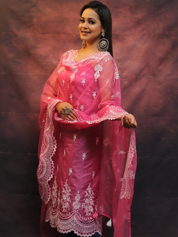 Banarasee Organza Resham Work Salwar Kameez Fabric With Dupatta-Pink