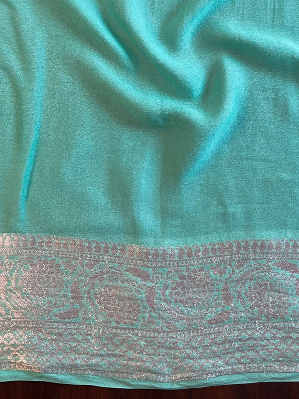 Banarasee Chiffon Floral Silver Zari Buti & Border Saree-Sea Green