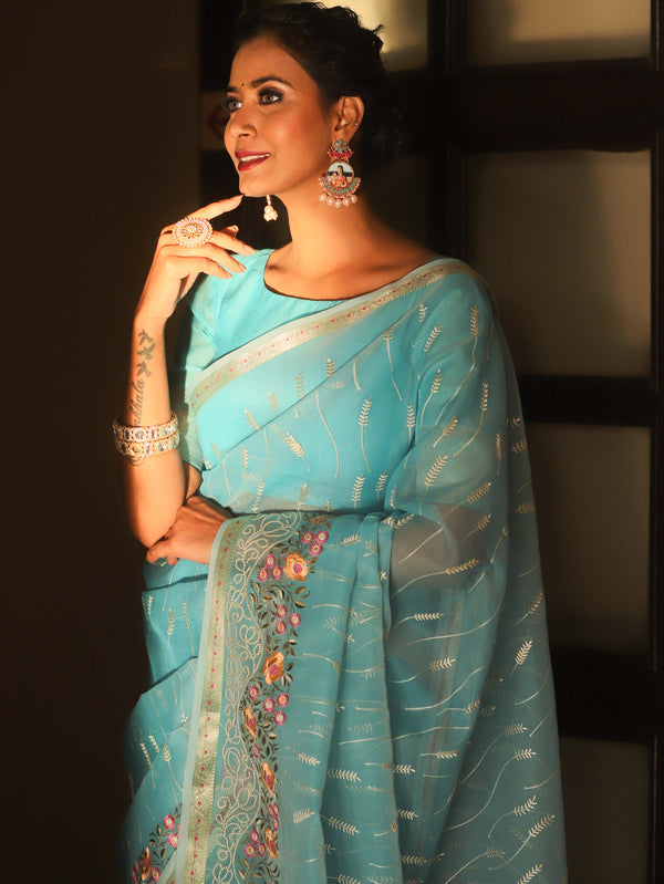 Banarasee Organza Saree With Floral Embroidery-Blue