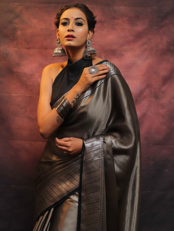 Banarasee Handwoven Tissue Silver Zari Saree-Black