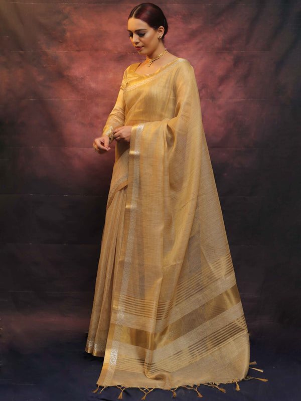 Banarasee Linen Tissue Sona Rupa Zari Work Saree-Gold