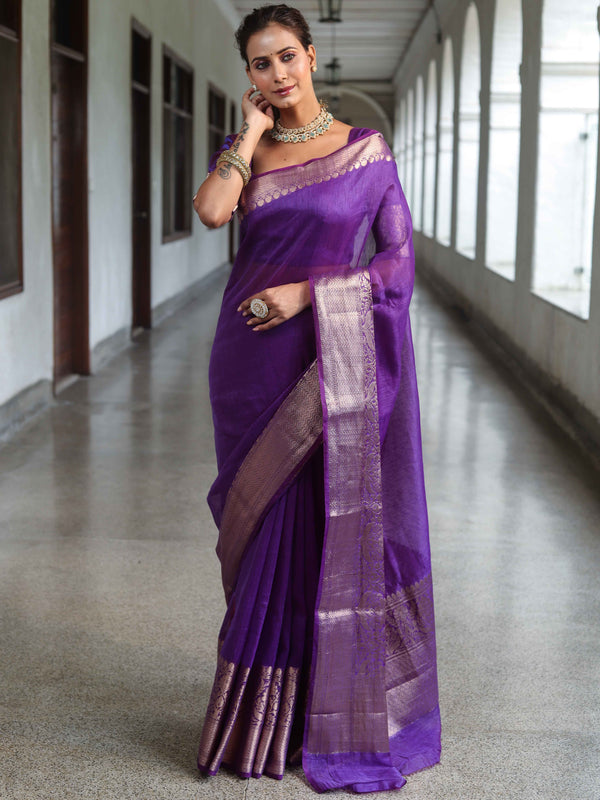 Banarasee Handwoven Pure Linen Saree With Broad Zari Border-Purple