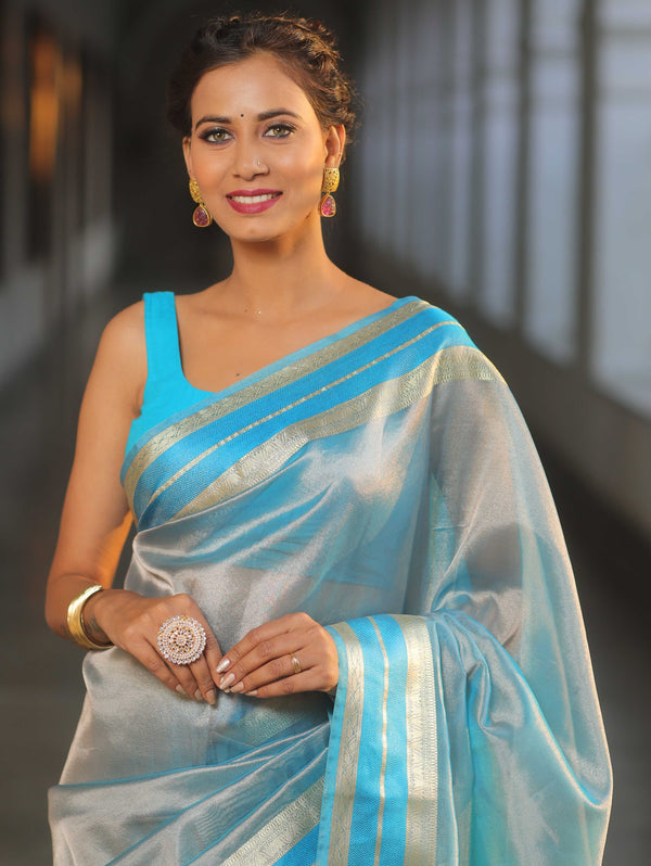 Banarasee Handwoven Plain Tissue Saree With Zari Border-Blue