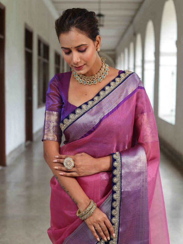 Banarasee Handwoven Plain Tissue Saree With Contrast Border & Lace-Baby Pink & Violet