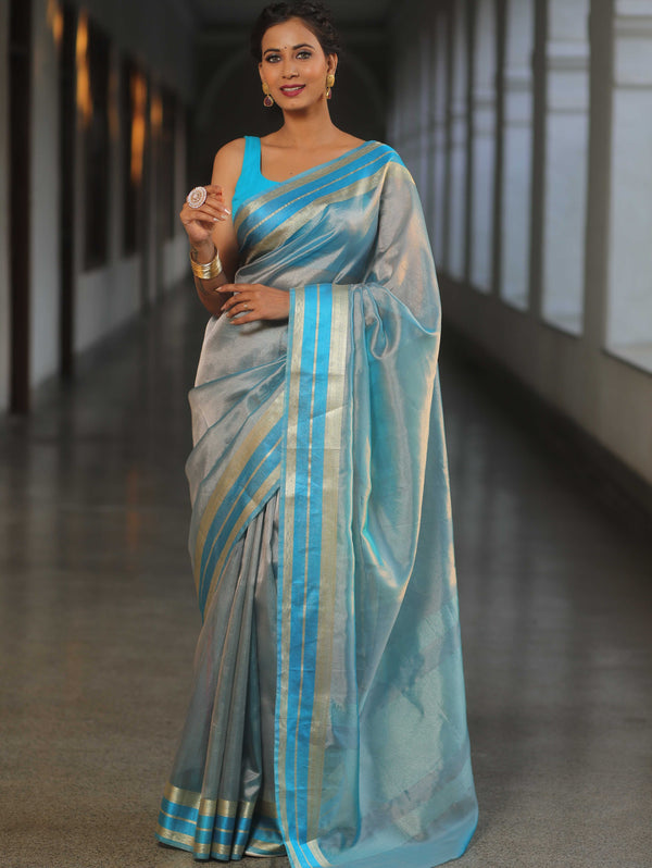 Banarasee Handwoven Plain Tissue Saree With Zari Border-Blue