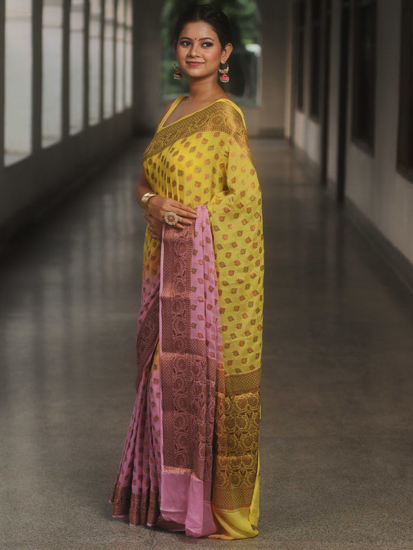 Banarasee Pure Chiffon Saree With Antique Zari Work-Yellow & Pink