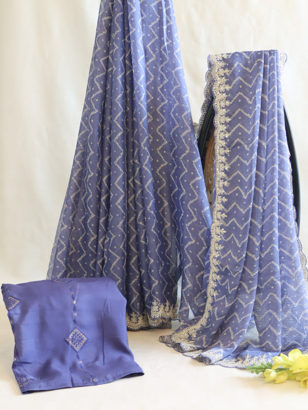 Banarasee Chiffon Bandhani Print Saree With Hand Work-Lilac