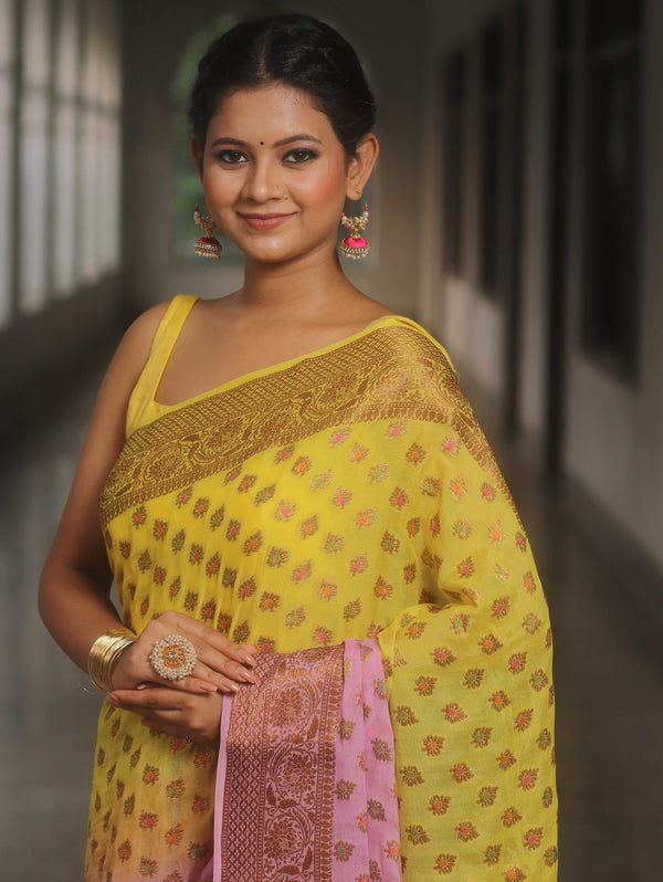 Banarasee Pure Chiffon Saree With Antique Zari Work-Yellow & Pink