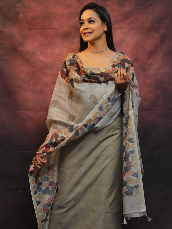 Banarasee Chanderi Cotton Zari Buti Salwar Kameez Fabric With Digital Print Dupatta-Grey