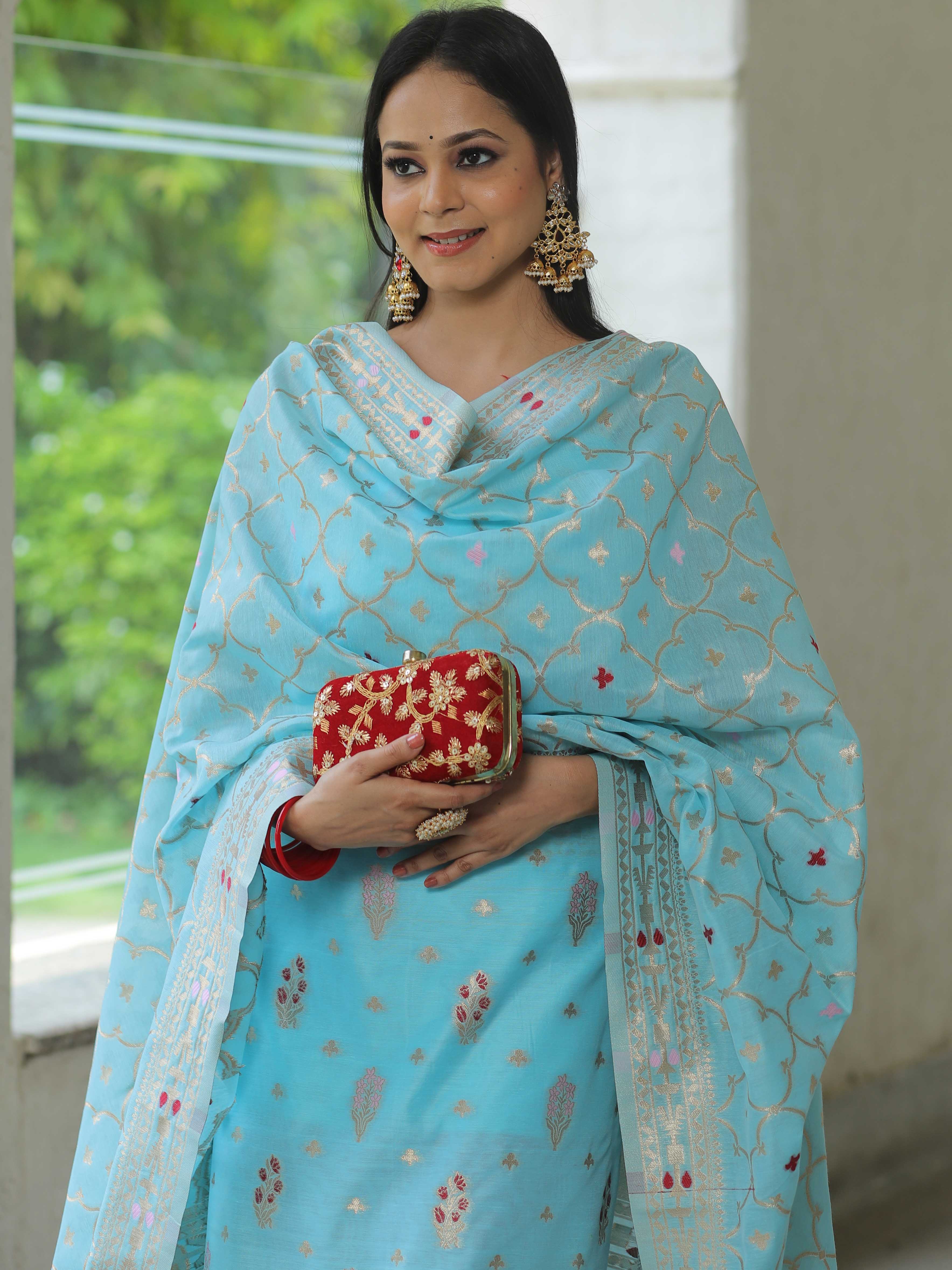 Banarasee Handloom Chanderi Salwar Kameez Fabric With Meena & Zari Design-Light Blue