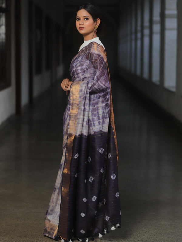 Bhagalpur Cotton Silk Ghichha Work Hand-Dyed Shibori Pattern Saree-White & Violet