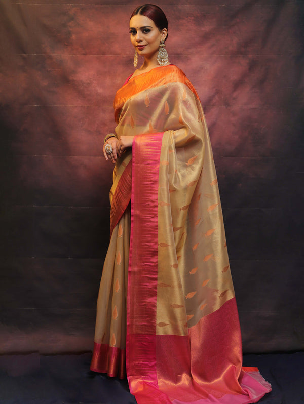 Banarasee Handwoven Broad Contrast Border Tissue Saree-Gold