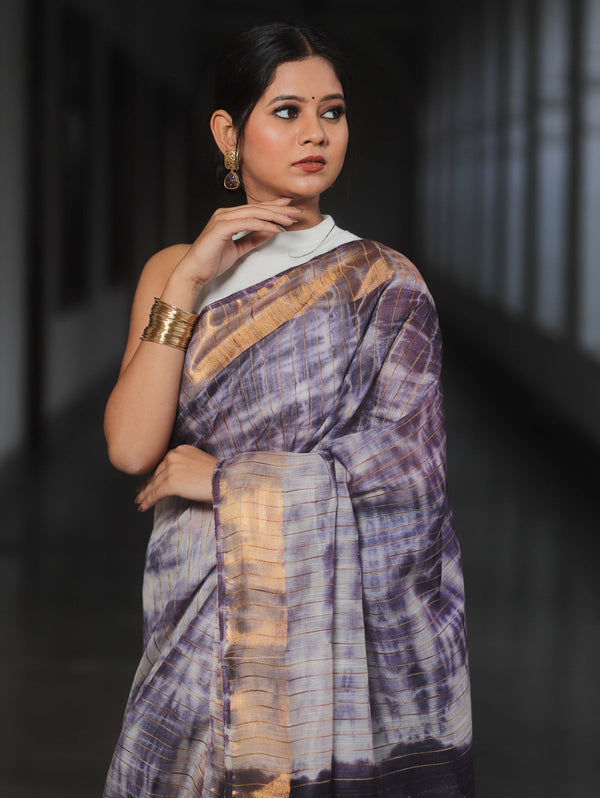Bhagalpur Cotton Silk Ghichha Work Hand-Dyed Shibori Pattern Saree-White & Violet