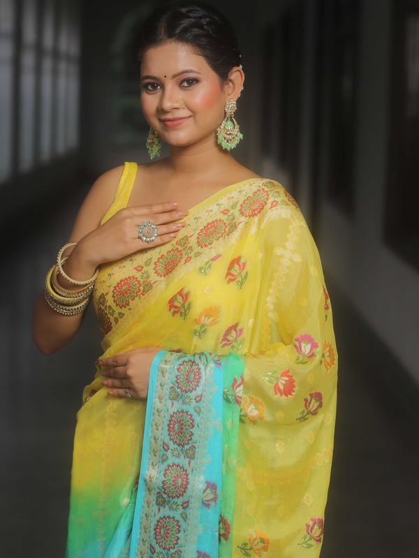 Banarasee Pure Chiffon Saree With Resham Zari Work-Yellow & Blue