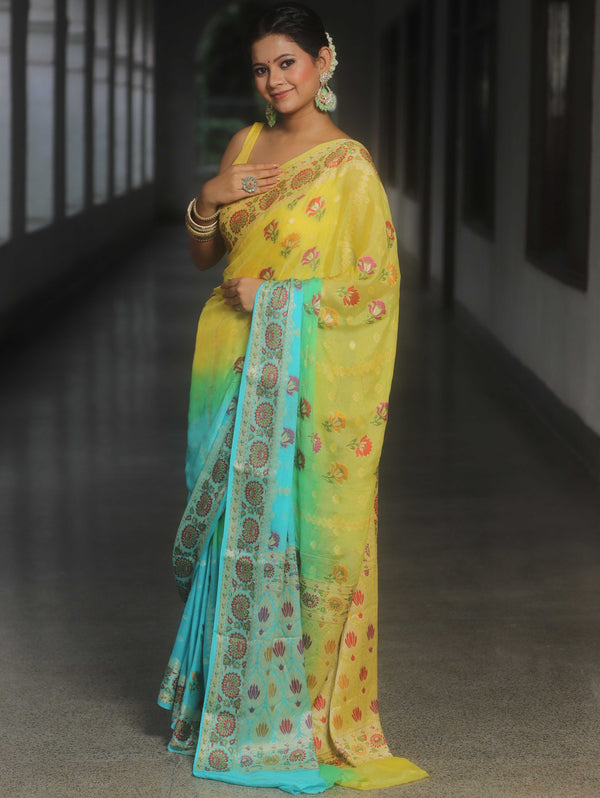 Banarasee Pure Chiffon Saree With Resham Zari Work-Yellow & Blue