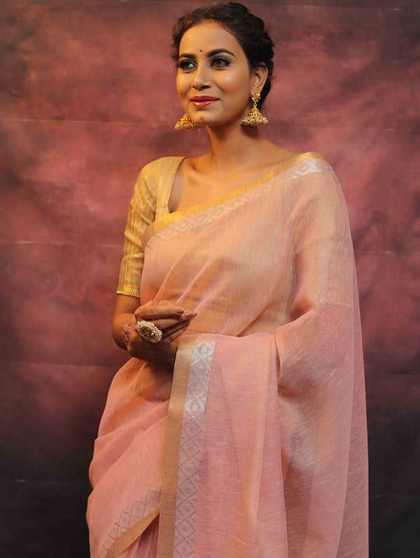 Banarasee Linen Tissue Sona Rupa Zari Work Saree-Pink