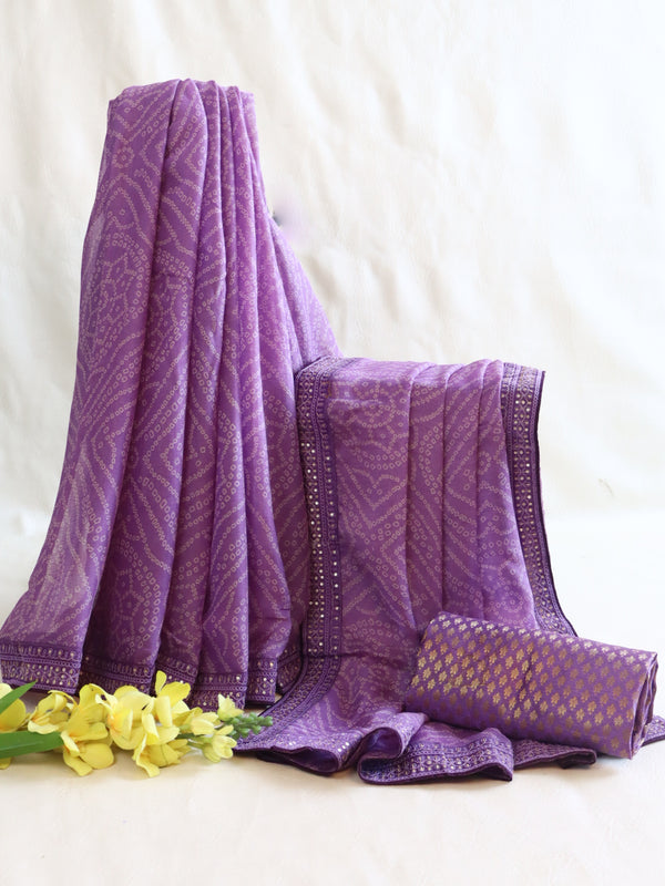 Banarasee Chiffon Bandhani Print Saree With Hand Work-Lavender