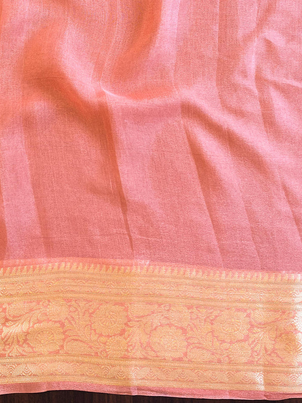 Banarasee Pure Chiffon Silk Saree With Antique Zari Work & Contrast Blouse-Deep Pink