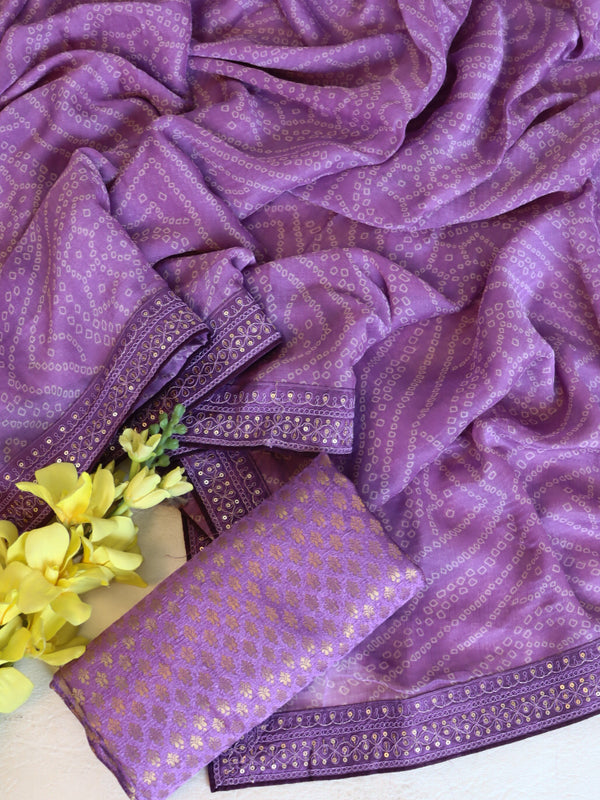 Banarasee Chiffon Bandhani Print Saree With Hand Work-Lavender