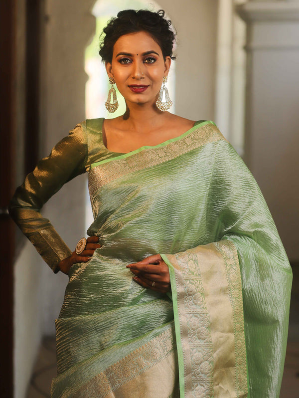 Banarasee Handwoven Crushed Tissue Saree-Green