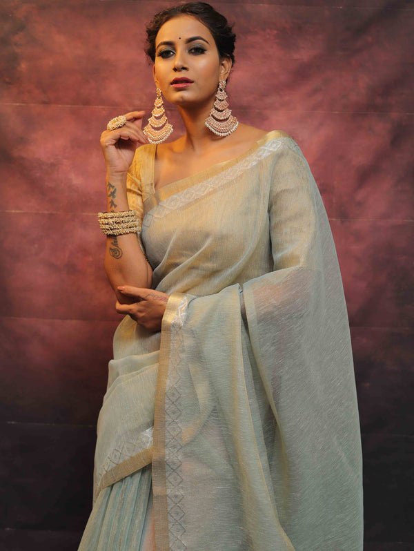 Banarasee Linen Tissue Sona Rupa Zari Work Saree-Blue