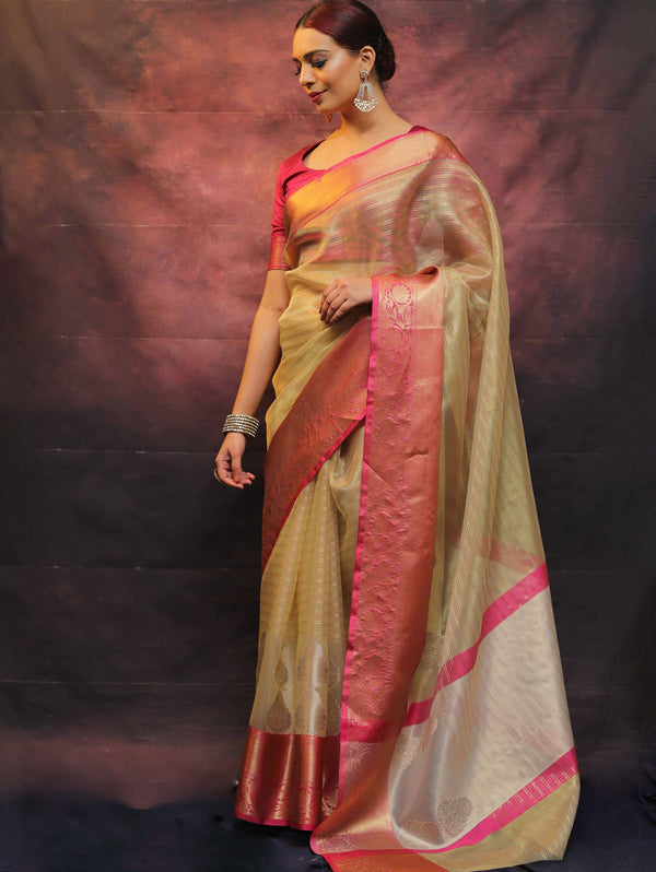 Banarasee Contrast Border Big Buta Tissue Saree-Gold & Pink