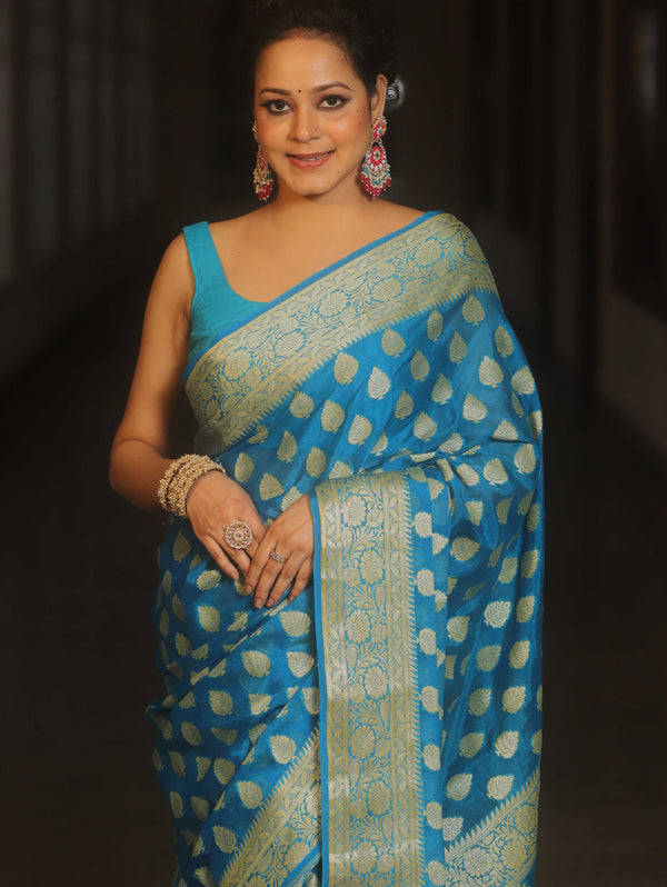 Banarasee Pure Chiffon Saree With Resham Zari Work-Blue