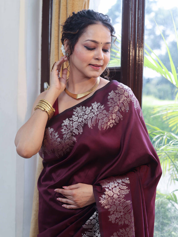 Banarasee Handwoven Semi Silk Saree With Zari Border-Wine