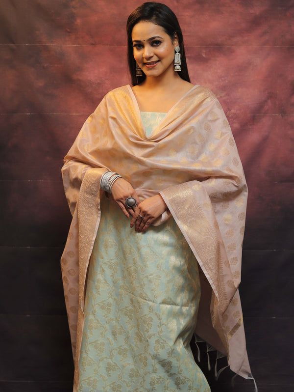 Banarasee Chanderi Cotton Salwar Kameez Set With Zari Work-Blue & Pink