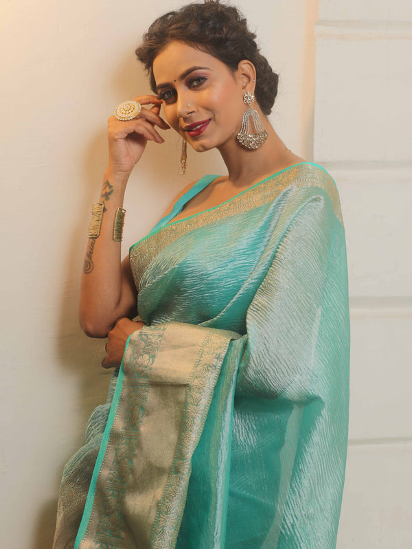 Banarasee Handwoven Crushed Tissue Saree-Blue